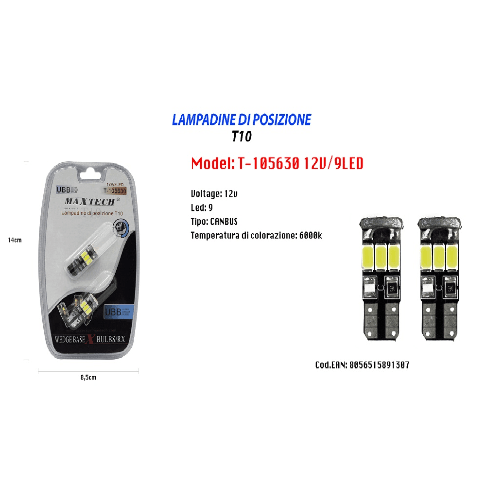 LAMPADINE DI POSIZIONE T10 MAXTECH T-105630 12V 9LED CANBUS ULTRA LUMINOSE 6000K - 2