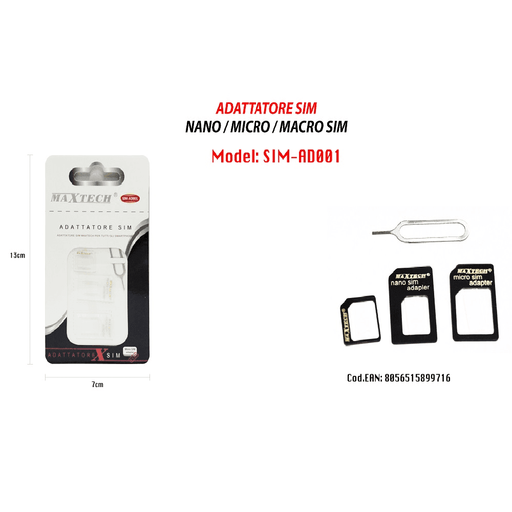 ADATTATORE SCHEDA SIM CARD SMARTPHONE NANO CONVERTITORE ESTRATTORE 4IN1 MAXTECH SIM-AD001 - 2