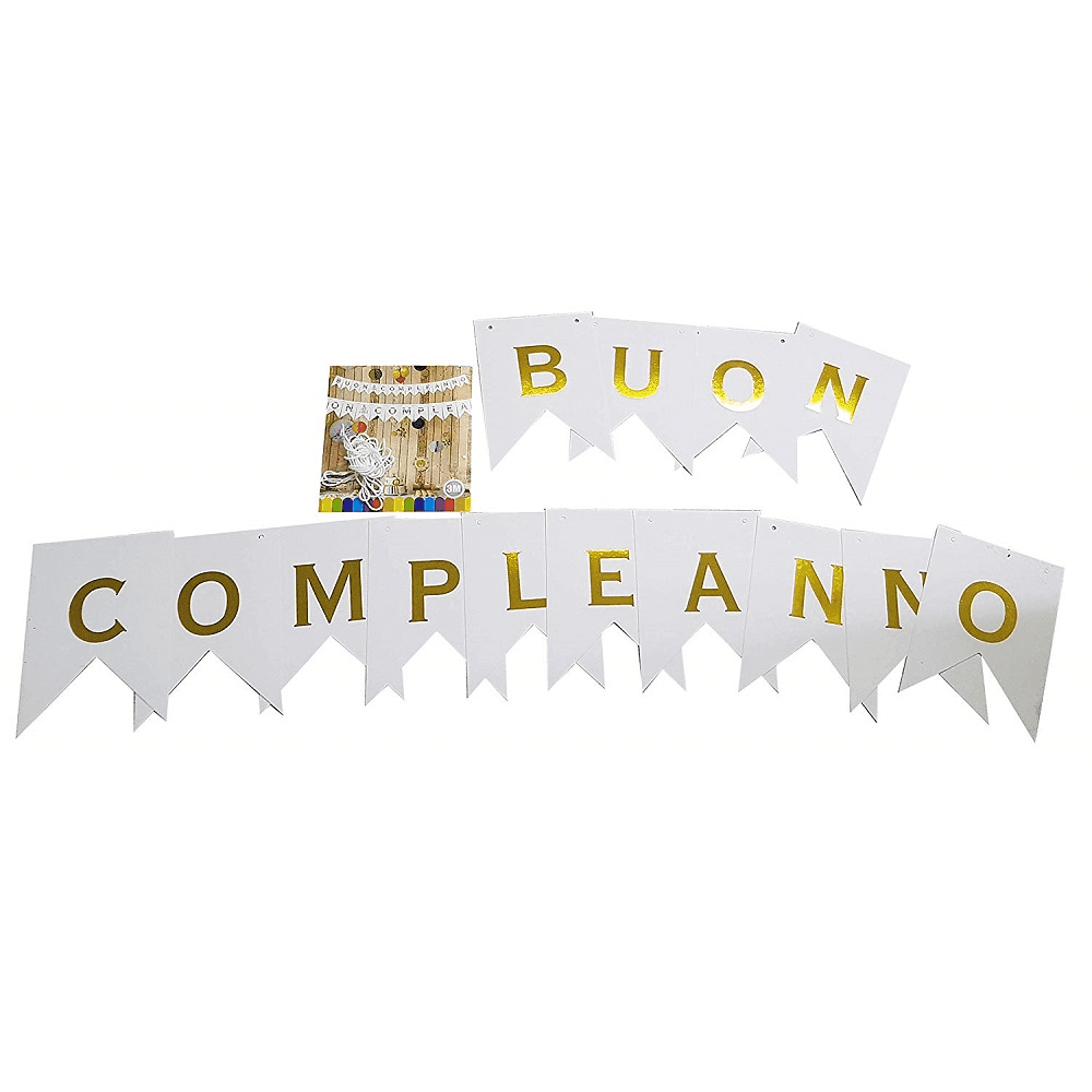 FESTONE SCRITTA BUON COMPLEANNO BANDIERINA BIANCA LETTERE ORO 3MT CARTA COMPLEANNI FESTA