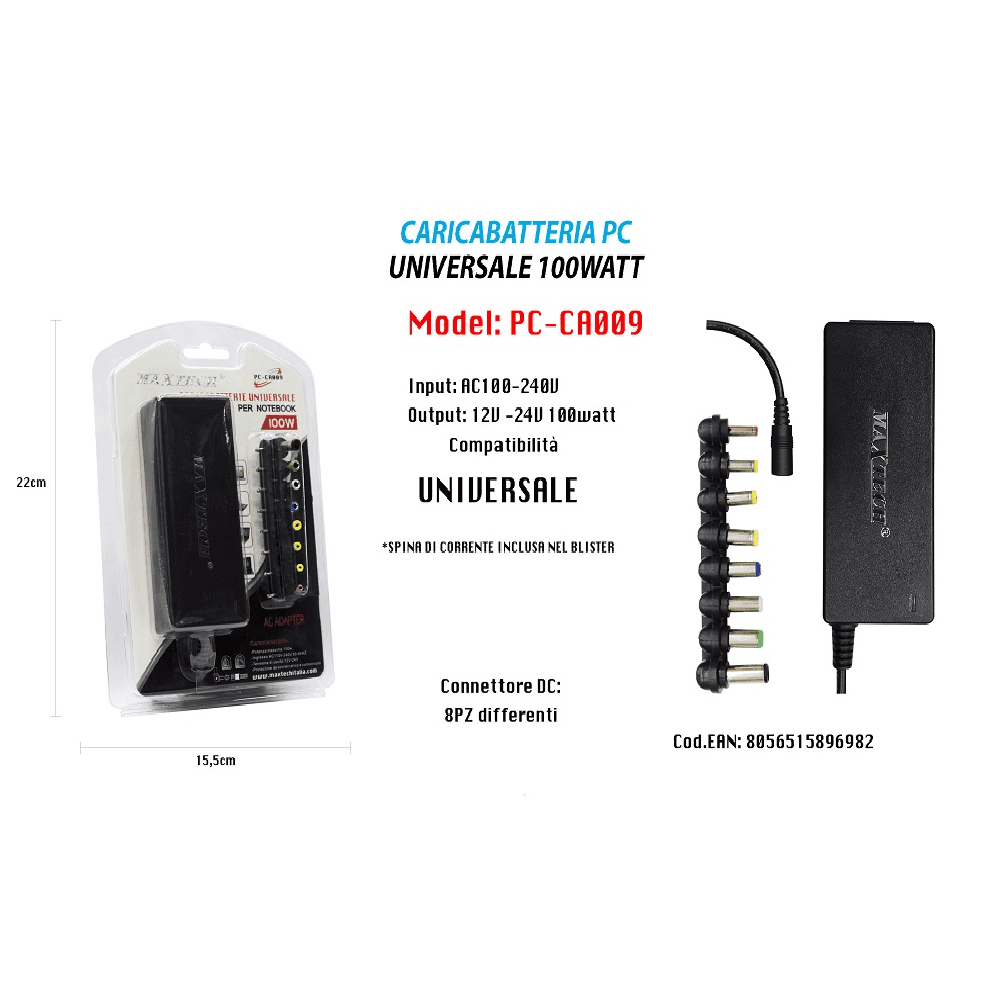 ADATTATORE ALIMENTAZIONE CARICABATTERIA UNIVERSALE PC 100W NOTEBOOK MAXTECH PC-CA009 - 2