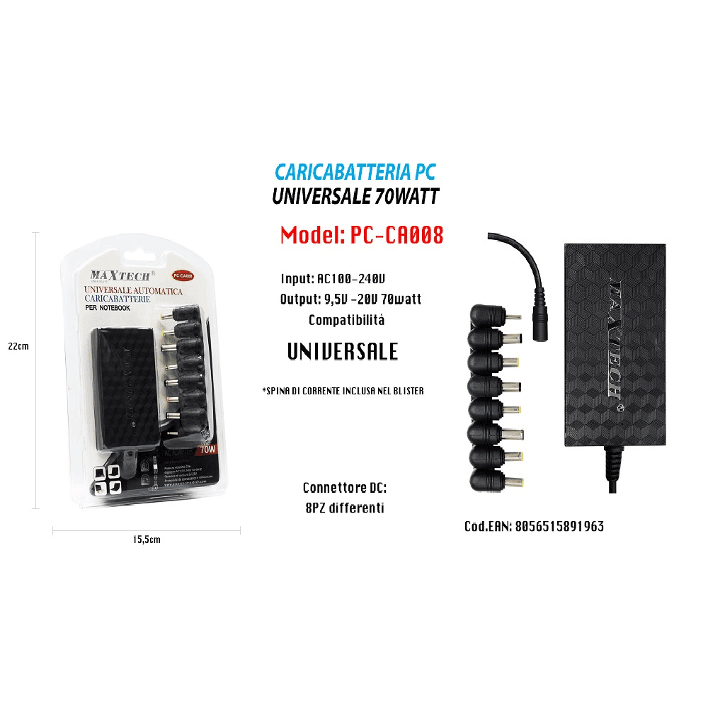 CARICABATTERIA PC UNIVERSALE 70W NOTEBOOK PC ADATTATORE 9,5V-20V MAXTECH PC-CA008 - 2