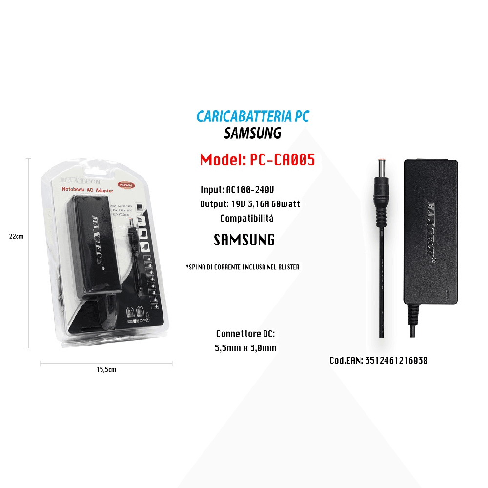 ALIMENTAZIONE CARICABATTERIA UNIVERSALE PC SAMSUNG NOTEBOOK 19V 3,16A 60W PC-CA005 - 2