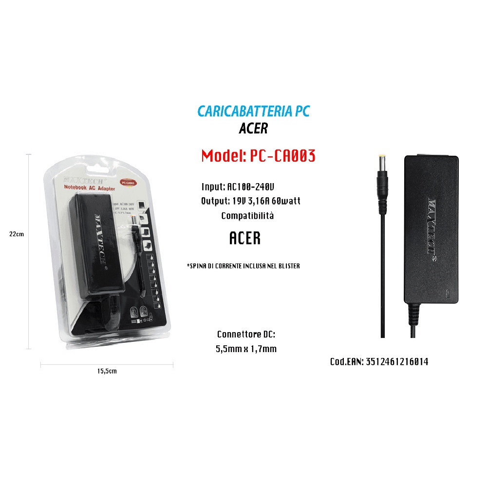 ALIMENTATORE CARICABATTERIA PER PC NOTEBOOK ACER 19V 3,16A 60W MAXTECH PC-CA003 - 2