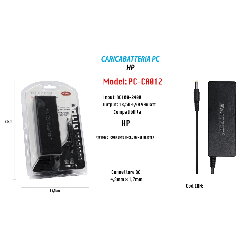 CARICABATTERIA PC ALIMENTATORE BATTERIA RICAMBIO 18,5V 4,9A 90W MAXTECH PC-CA012 - 2