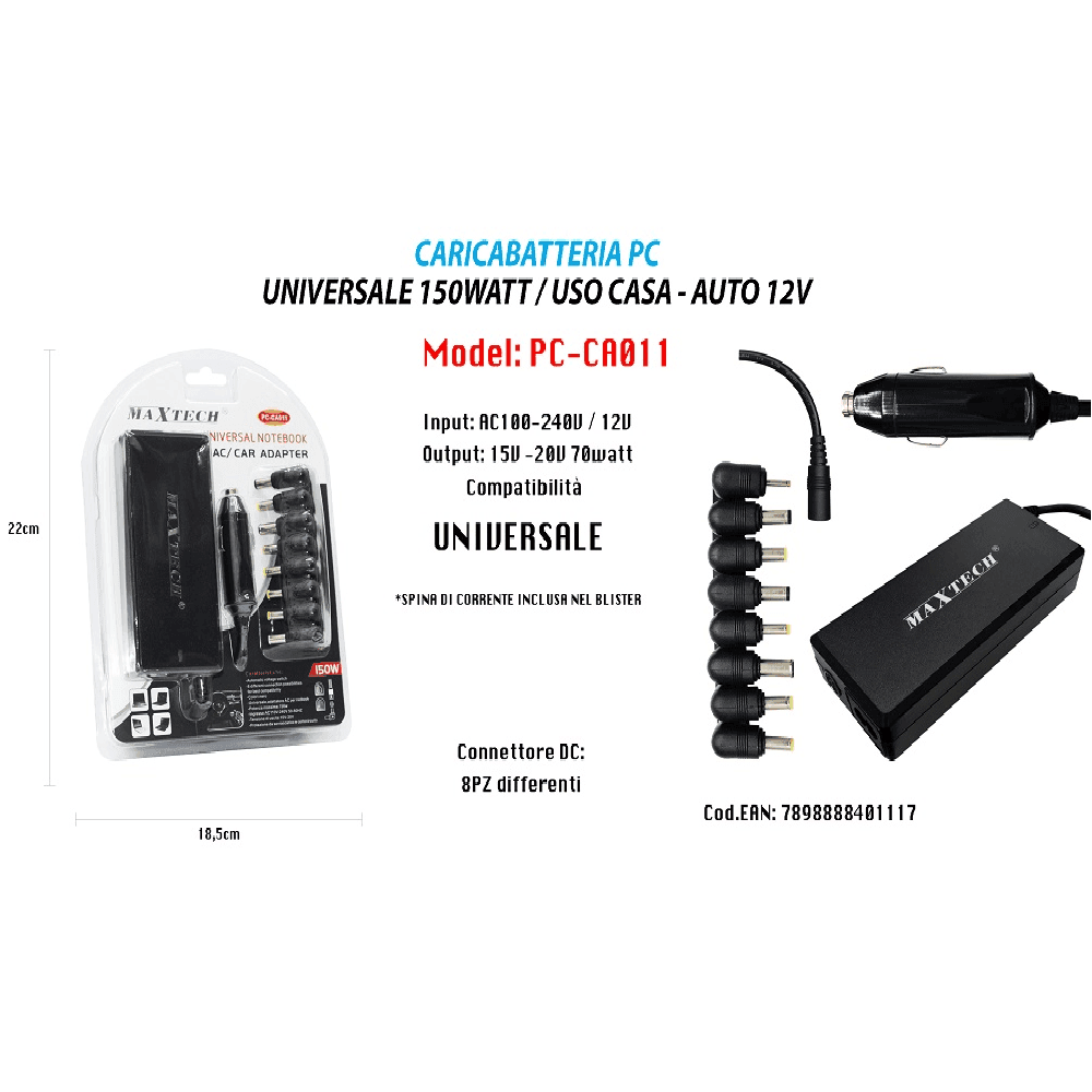 CARICABATTERIA ALIMENTATORE UNIVERSALE NOTEBOOK PC 150W AUTO/CASA MAXTECH PC-CA011 - 2