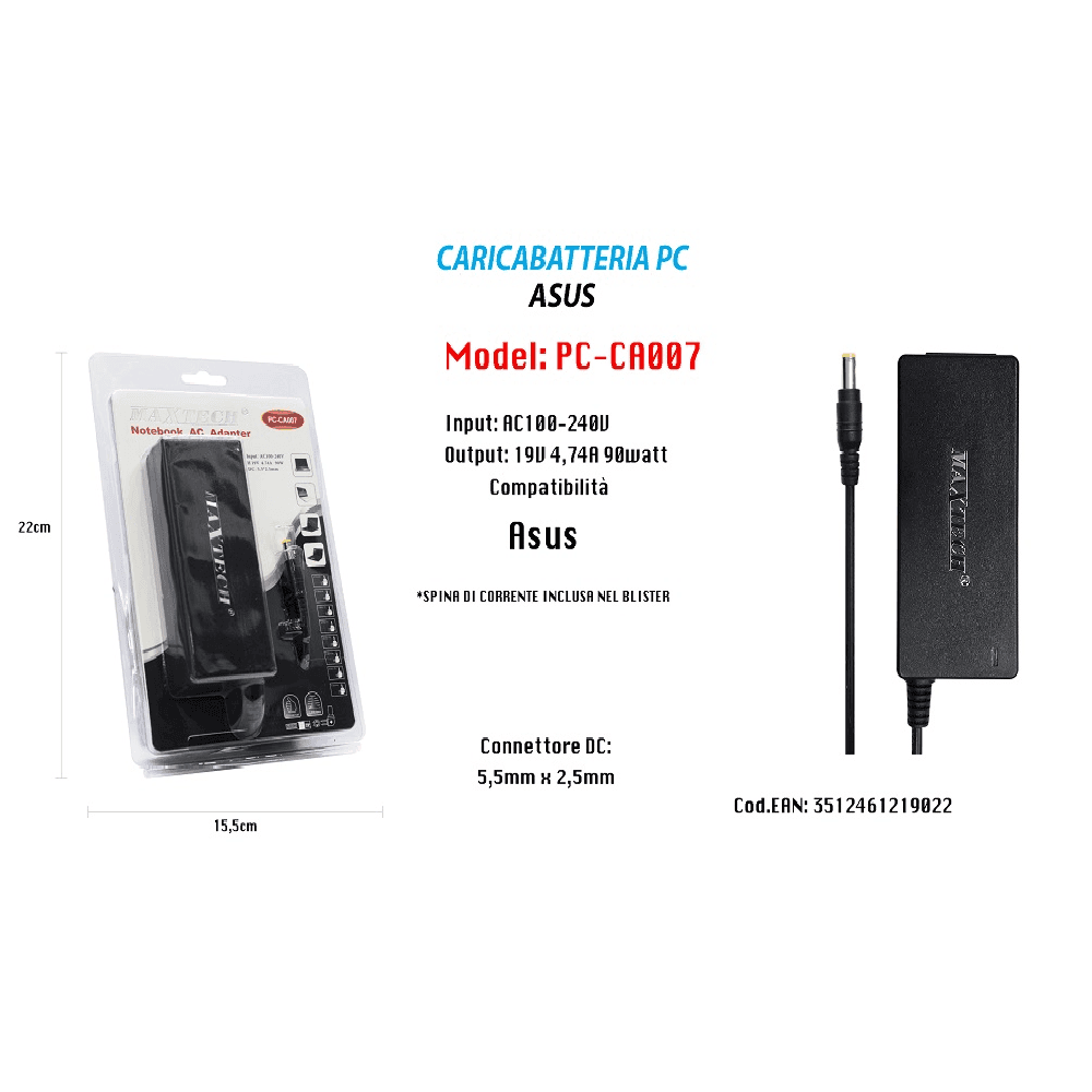 CARICABATTERIA PC ASUS ALIMENTATORE BATTERIA RICAMBIO 19V 4.74A 90W MAXTECH PC-CA007 - 2