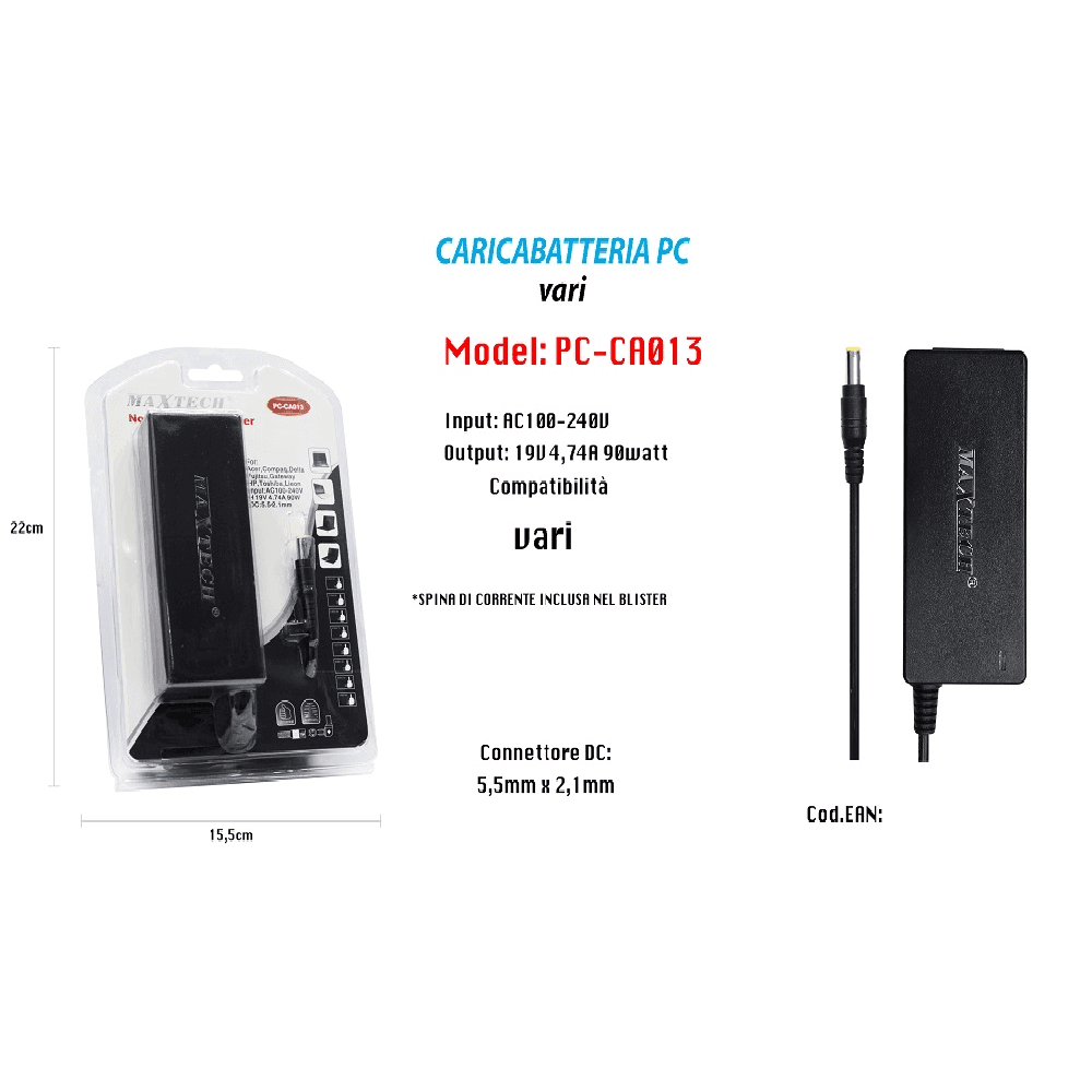 CARICABATTERIA ALIMENTATORE PC NOTEBOOK 19V 90W BATTERIA RICAMBIO MAXTECH PC-CA013 - 2