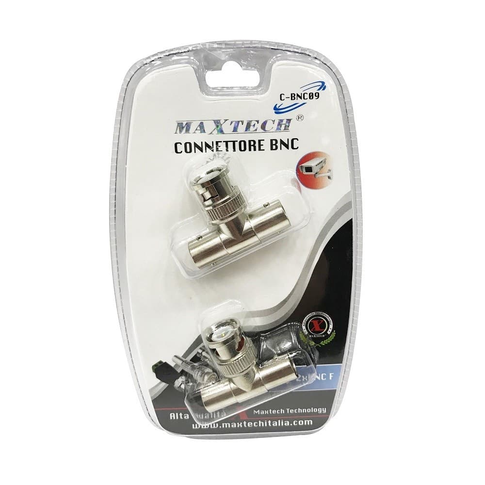 CONNETTORE BNC A T MASCHIO A DOPPIA FEMMINA ADATTATORE VIDEOSORVEGLIANZA MAXTECH C-BNC09 - 2