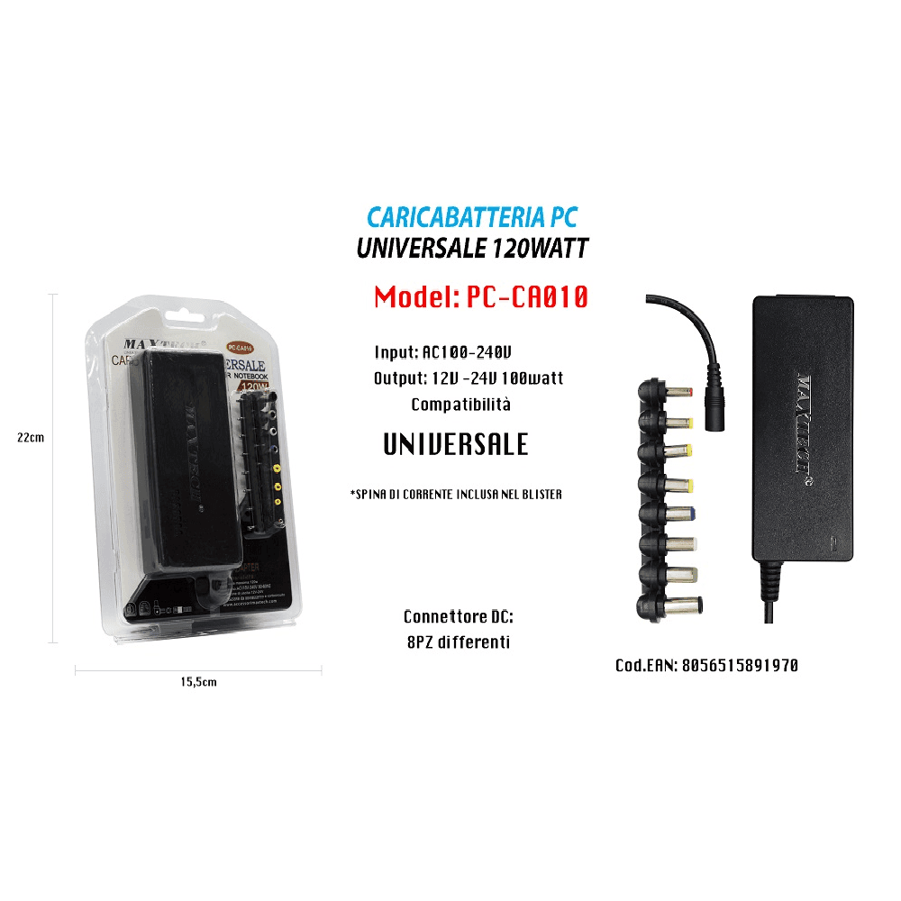 ALIMENTATORE CARICABATTERIA PC UNIVERSALE PER NOTEBOOK 120WATT MAXTECH PC-CA010 - 3