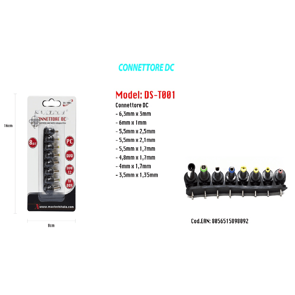 SPINA CONNETTORE DC ALIMENTATORE NOTEBOOK LAPTOP UNIVERSALE 8 PZ MAXTECH DS-T001 - 2