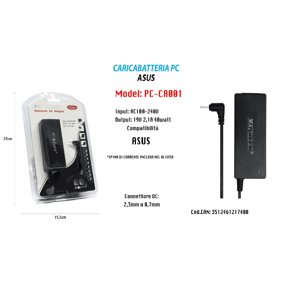 CARICABATTERIA PC ASUS ALIMENTATORE BATTERIA DI RICAMBIO 19V 2,1A 40W MAXTECH PC-CA001 - 2