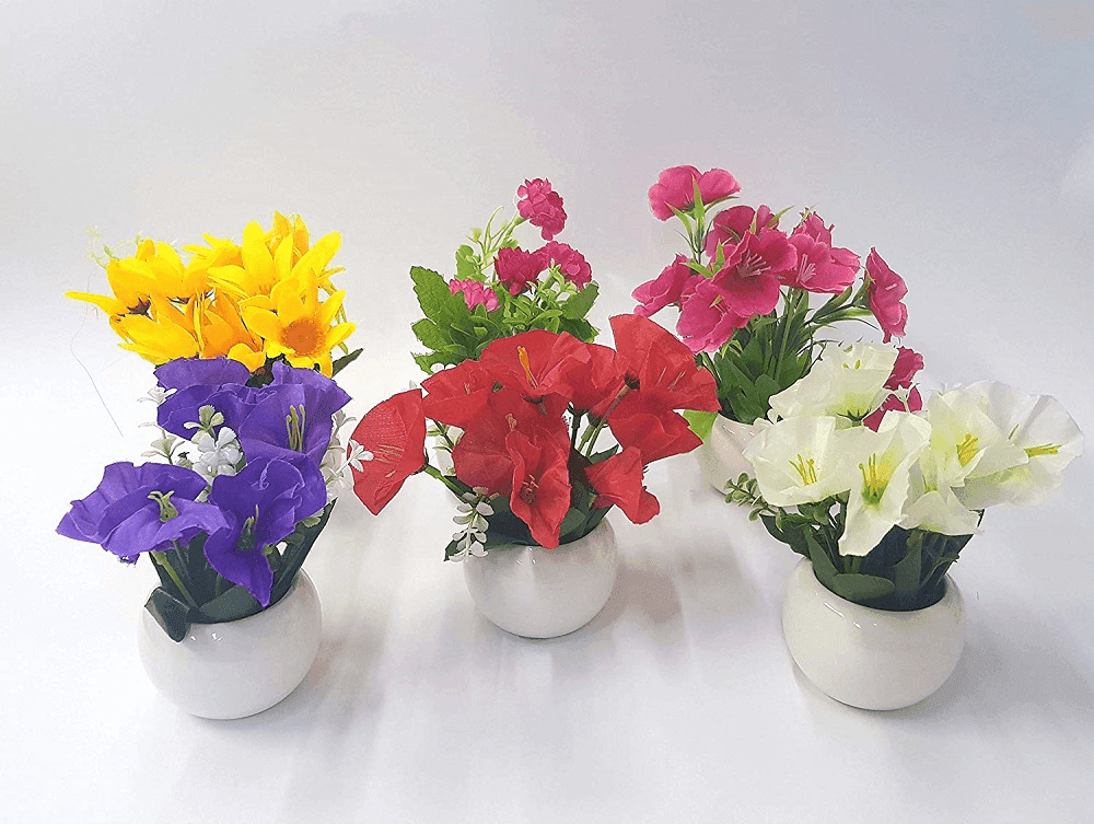 PIANTA FIORI FINTI COLORATI VASO TONDO BIANCO CERAMICA DECORAZIONE ARTIFICIALI