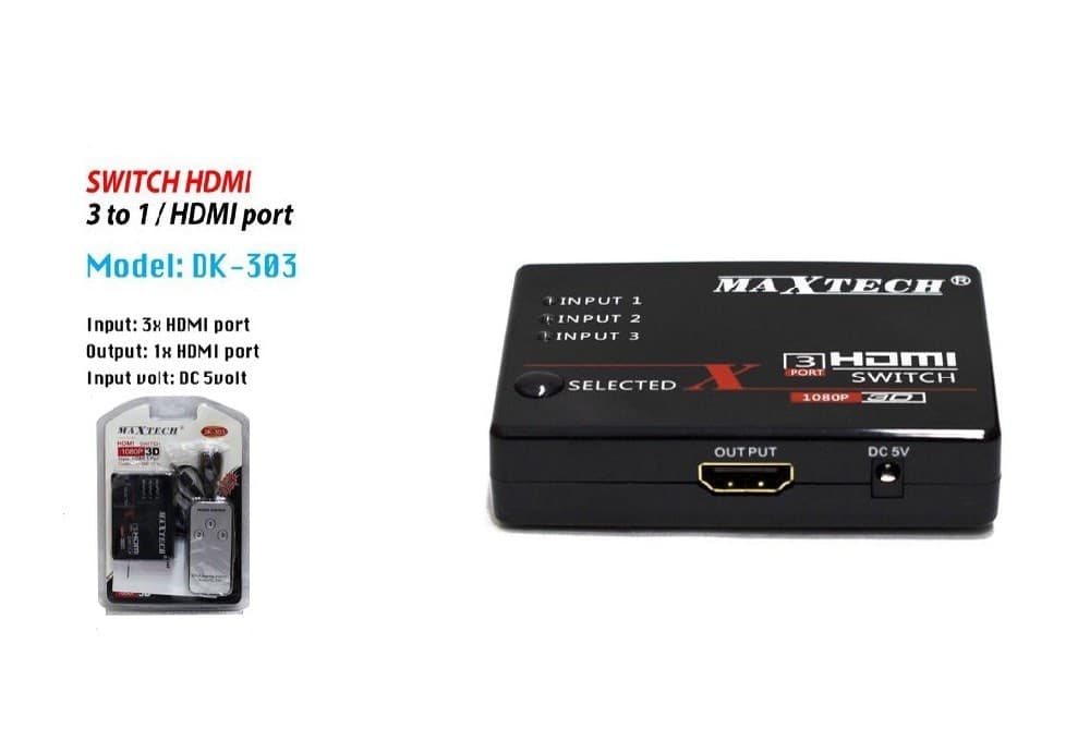 SWITCH HDMI 3D 3 INGRESSI 1080P CON TELECOMANDO PER TV PS3 XBOX DVD MAXTECH DK-303 - 3