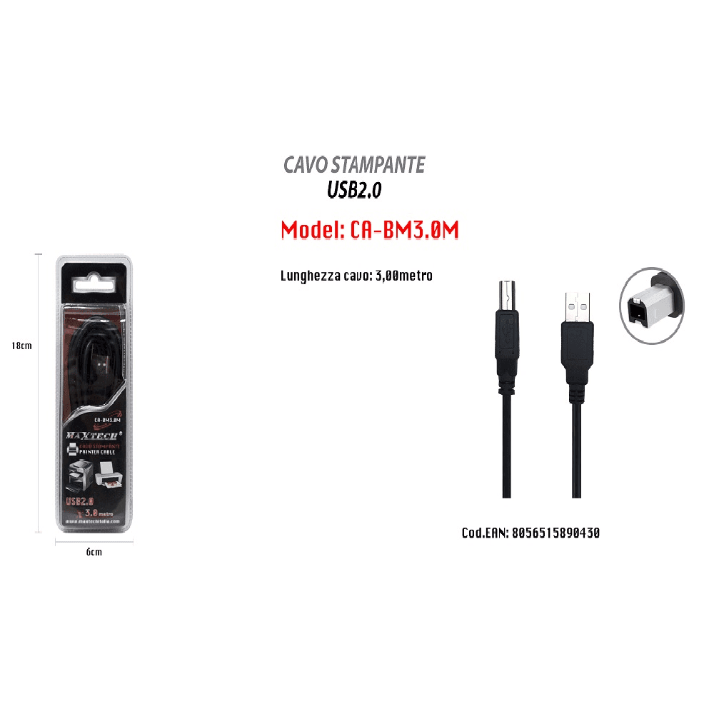 CAVO DA 3MT USB 2.0 PER STAMPANTE HP PROLUNGA DATI PC HARD DISK MAXTECH CA-BM3.0M - 2