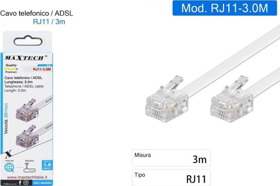 CAVO TELEFONICO RJ11 3MT COLLEGAMENTO TELEFONICO PROLUNGA MODEM MAXTECH RJ11-3.0M - 2