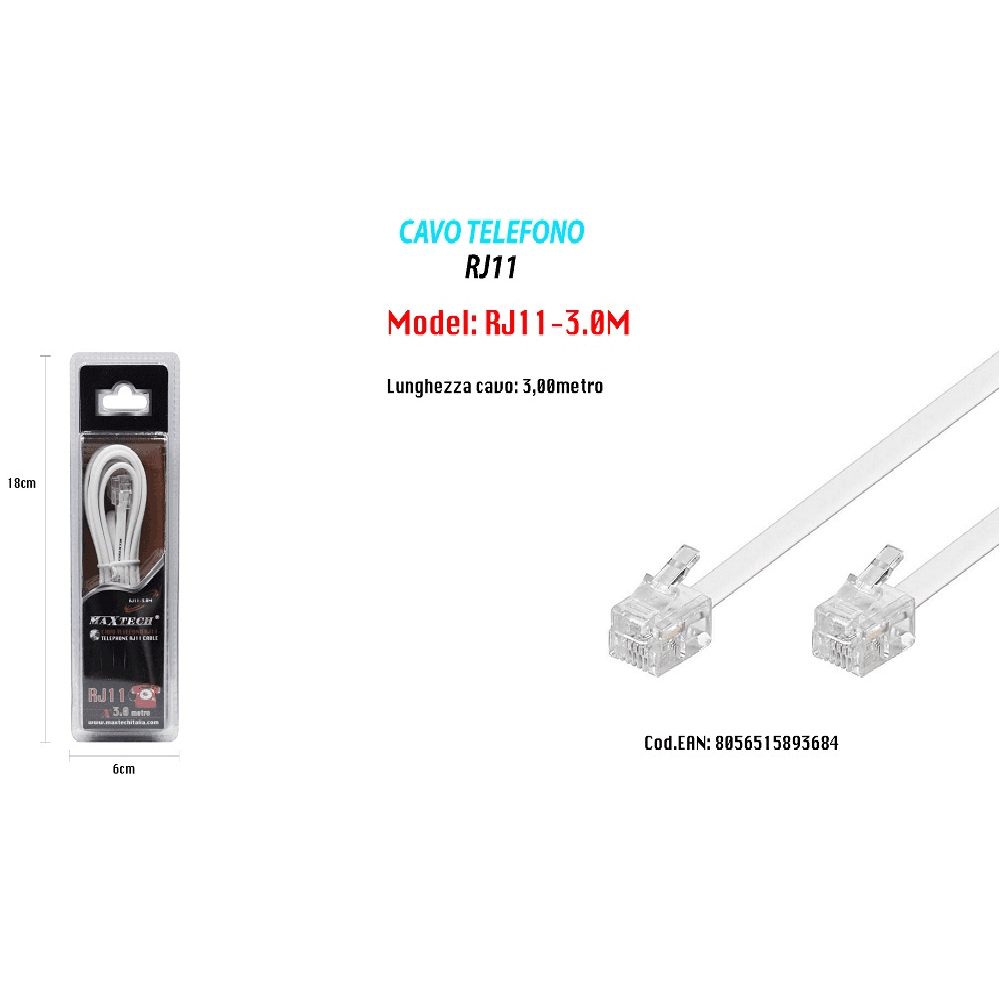 CAVO TELEFONICO RJ11 3MT COLLEGAMENTO TELEFONICO PROLUNGA MODEM MAXTECH RJ11-3.0M - 3