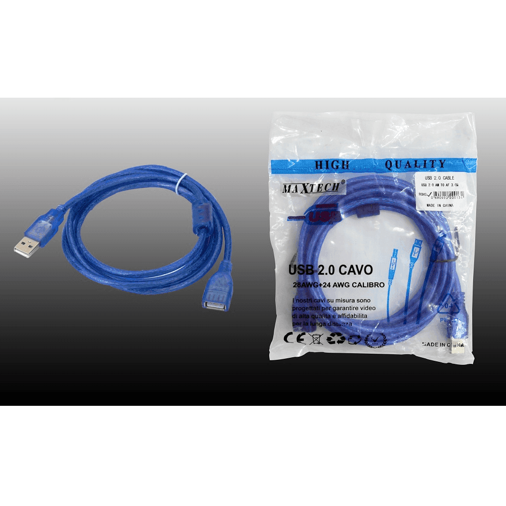 CAVO PROLUNGA USB 2.0 M/F PER PC COMPUTER 3 METRI MAXTECH USB 2.0 AM TO AF 3.0M
