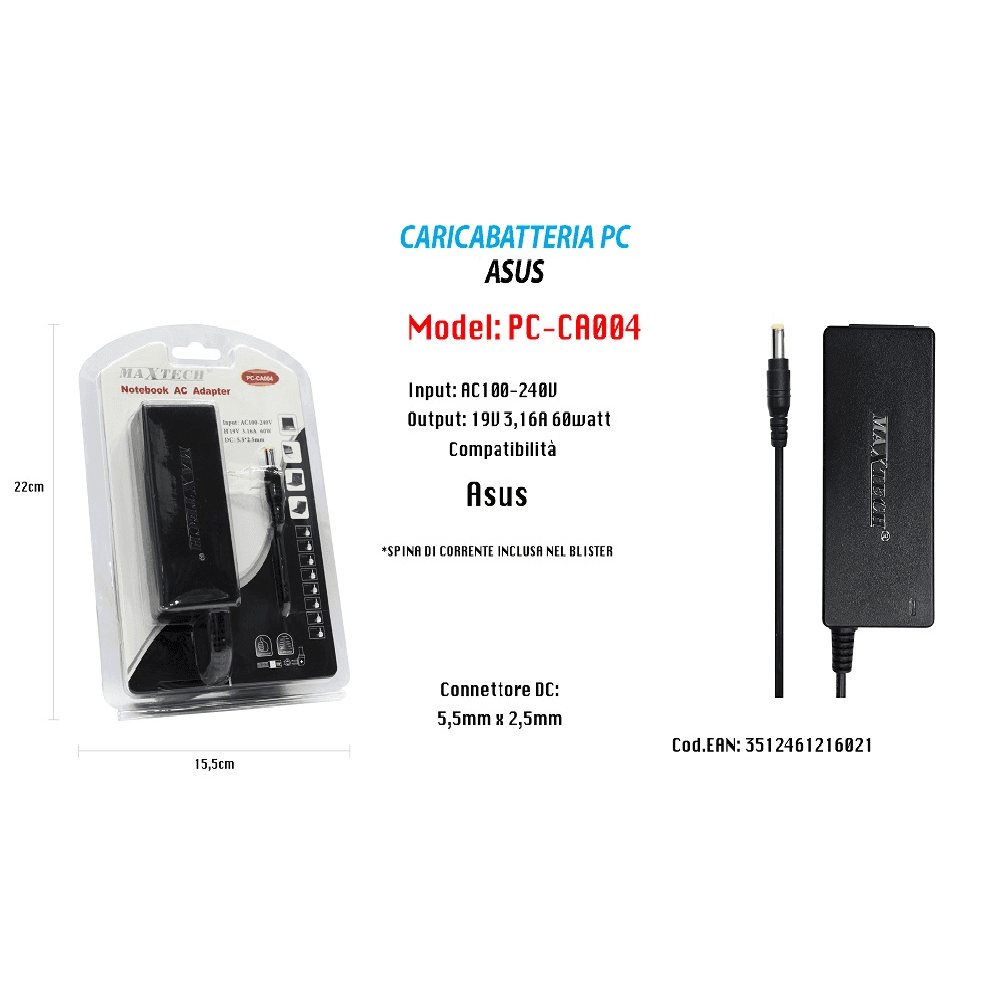 CARICABATTERIA NOTEBOOK PC ALIMENTATORE PER ASUS 19V 3,16A 60W MAXTECH PC-CA004 - 2