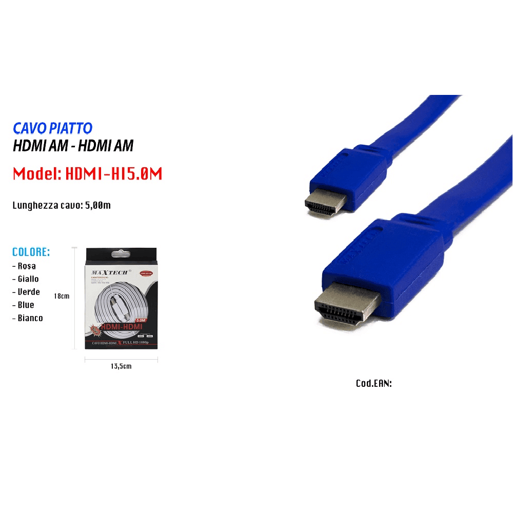 CAVO HDMI-HDMI FULL HD 1080P PIATTO 24K TV XBOX VIDEO 5METRI MAXTECH HDMI-HI5.0M - 2