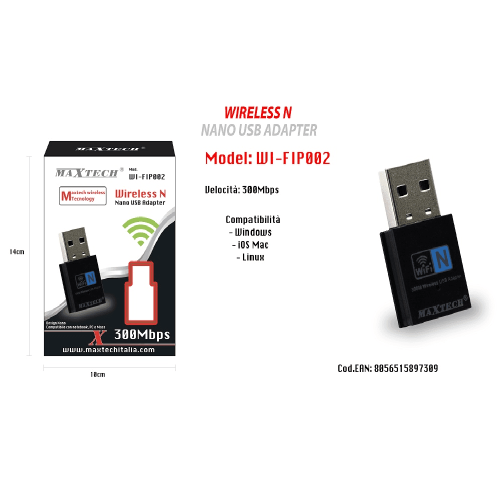 CHIAVETTA PENNETTA ADATTATORE WIRELESS WIFI USB 300M NANO PC COMPUTER MAXTECH WI-FIP002 - 3