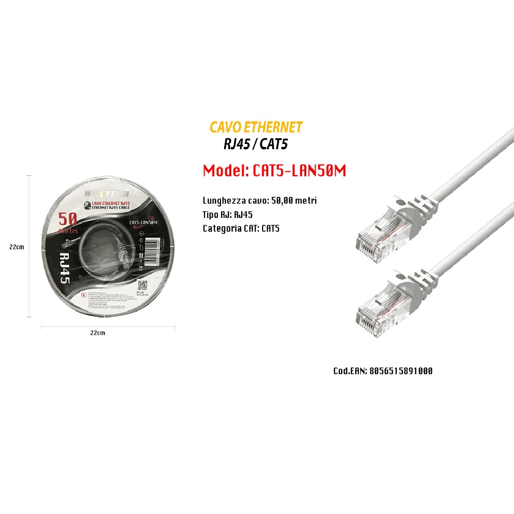 PROLUNGA CAVI ETHERNET RETE LAN PER INTERNET RJ45 CAT5 50MT MAXTECH CAT5-LAN50M - 3