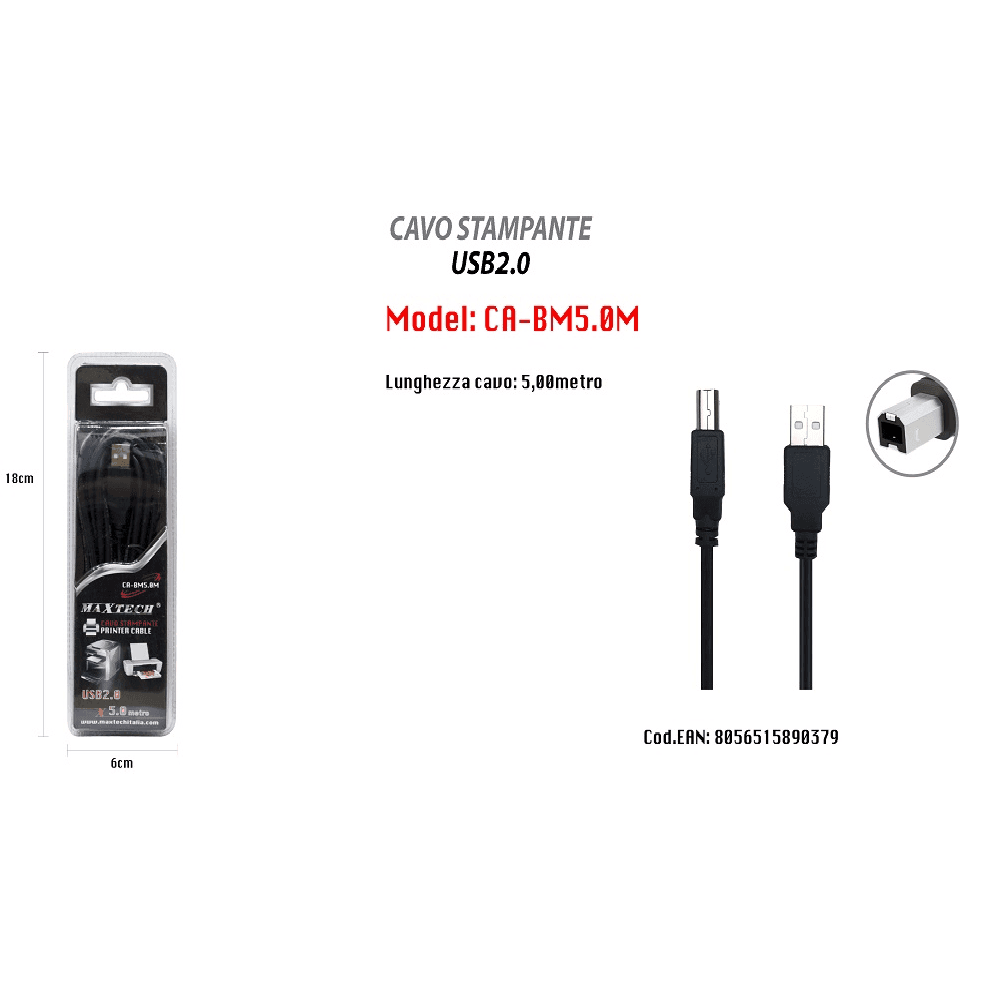 CAVO USB 2.0 5 MT AD ALTA VELOCITÀ PER STAMPANTE HARD DISK SCANNER A/B MASCHIO - 2