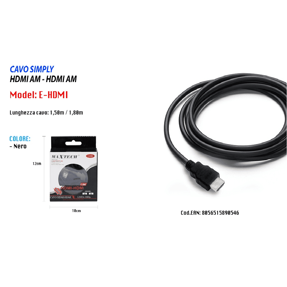 CAVO CAVETTO CAVI HDMI VIDEO 1.8 METRI 1080P SCHERMATO HDMI AM-AM MAXTECH E-HDMI - 3