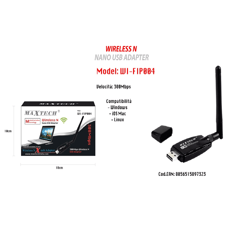 CHIAVETTA WIFI USB ADATTATORE NANO WIRELESS 300MPS PC COMPUTER MAXTECH WI-FIP004 - 2