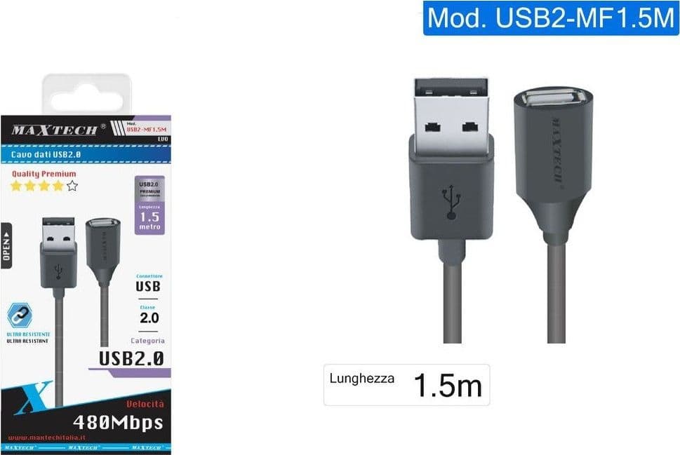CAVO PROLUNGA USB 2.0 MASCHIO A FEMMINA PC COMPUTER 1,5MT MAXTECH USB2.0-MF1.5M - 2