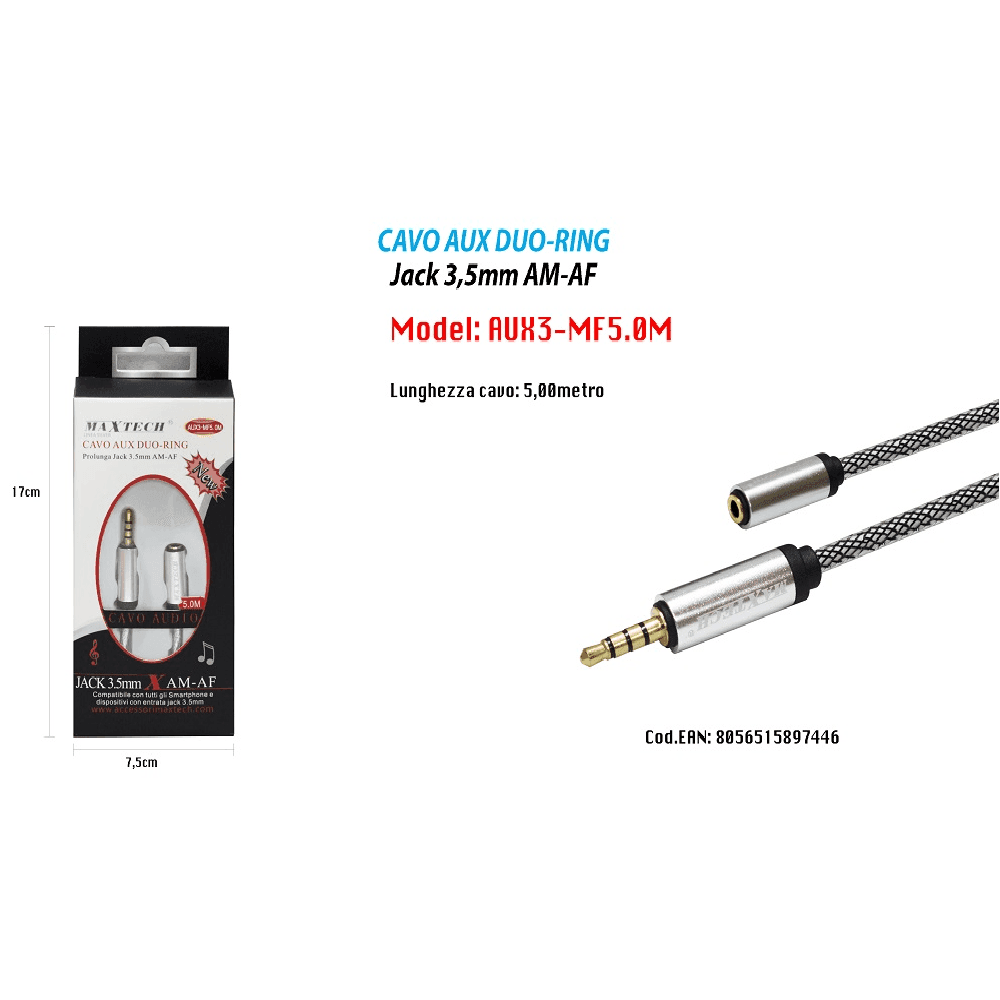 CAVO AUDIO JACK 3,5MM DA MASCHIO A FEMMINA AM/AF 5MT PROLUNGA AUX MAXTECH AUX3-MF5.0M - 2