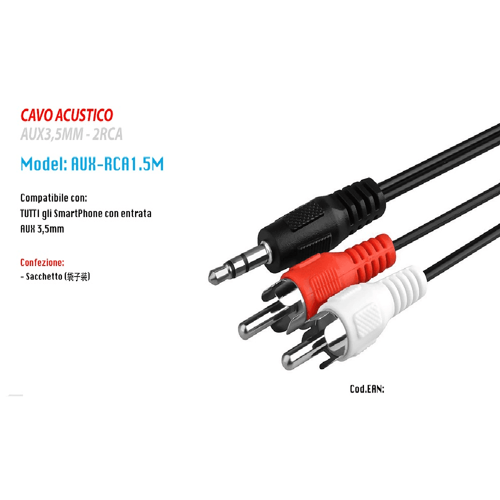 CAVO AUDIO DA JACK 3,5MM A 2 RCA MASCHIO 1.5 METRI PER CASSE STRUMENTO ACUSTICO - 2