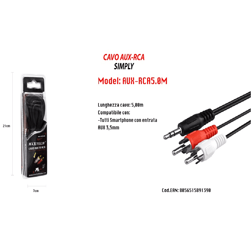 CAVO 5M AUDIO DA JACK 3,5MM AUX A 2 RCA MASCHIO DOPPIO Y STEREO 5 MT AUX-R5.0M - 3