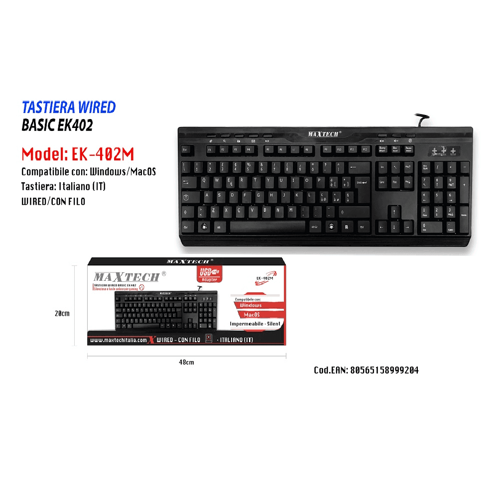 TASTIERA CON FILO USB 2.0 CONFORT IMPERMEABILE SILENZIOSO WINDOWS MACOS MAXTECH EK-402M - 3