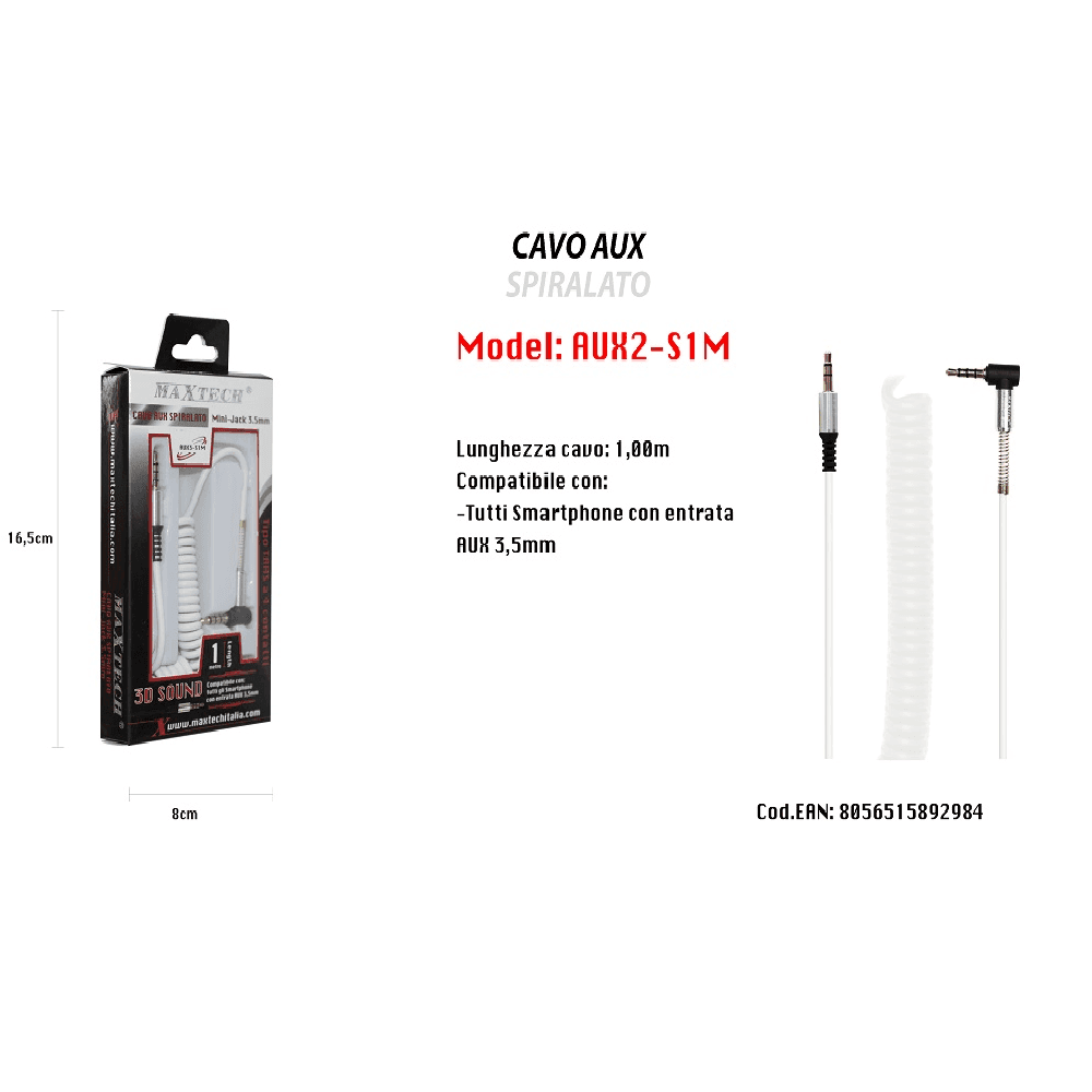 CAVO AUDIO STEREO AUX SPIRALATO 3,5MM ANGOLO RETTO SMARTPHONE 1MT MAXTECH AUX2-S1M - 2