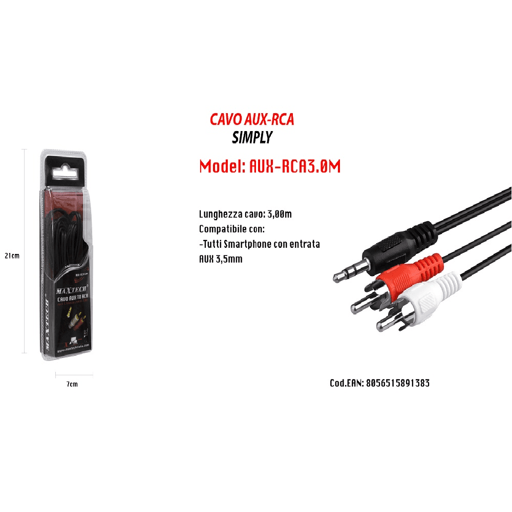 CAVO AUDIO DA JACK 3,5MM AUX A 2RCA MASCHIO DOPPIO STEREO PROLUNGA 3MT AUX-R3.0M - 2