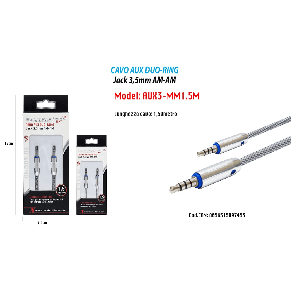 CAVO AUDIO JACK 3,5 MM MASCHIO AM/AM 1,5 MT PROLUNGA AUX PER CUFFIE MAXTECH AUX3-MM1.5M - 2
