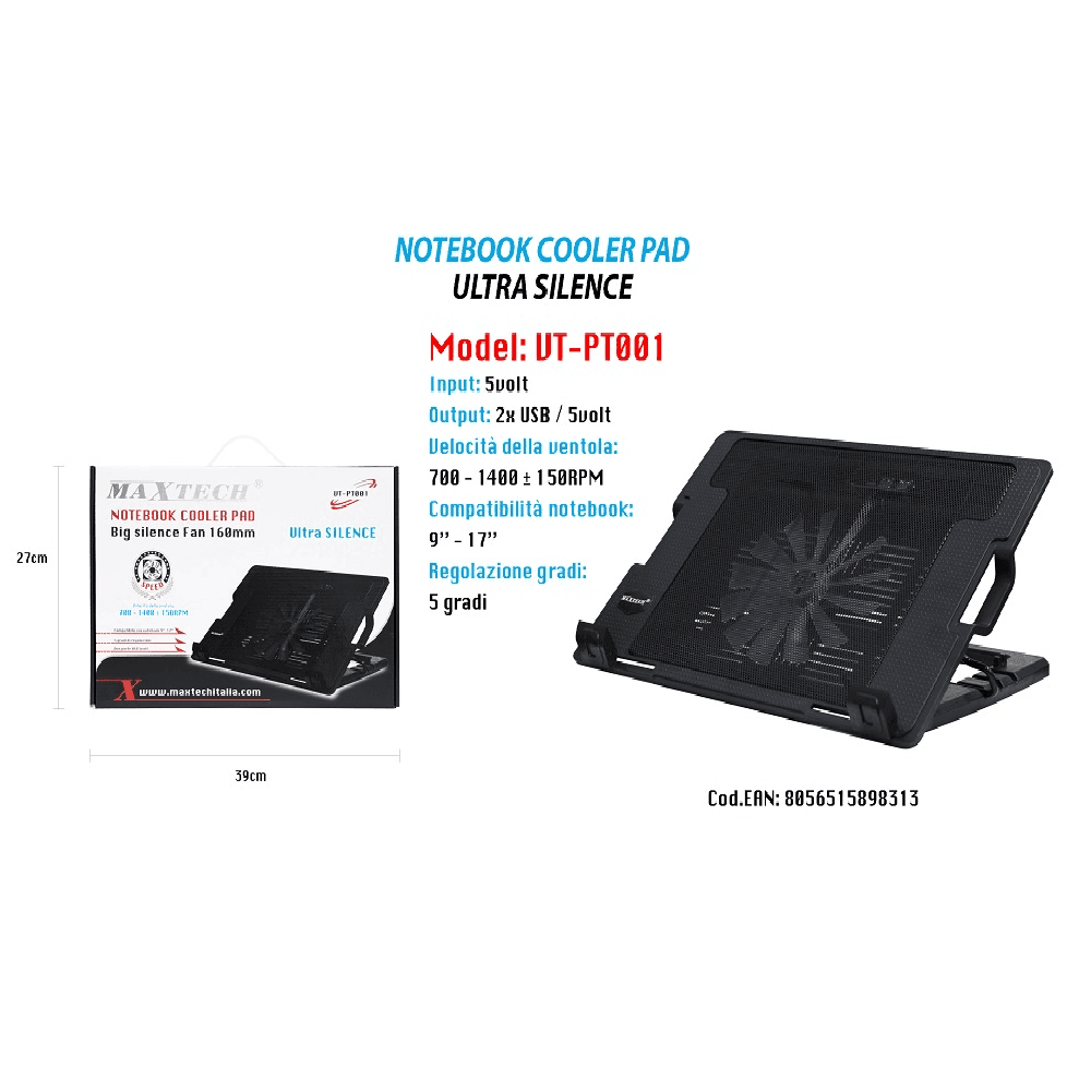 MAXTECH SUPPORTO NOTEBOOK VENTOLA RAFFREDDA PC BASE REGOLABILE PAD LAPTOP VT-PT001 - 2