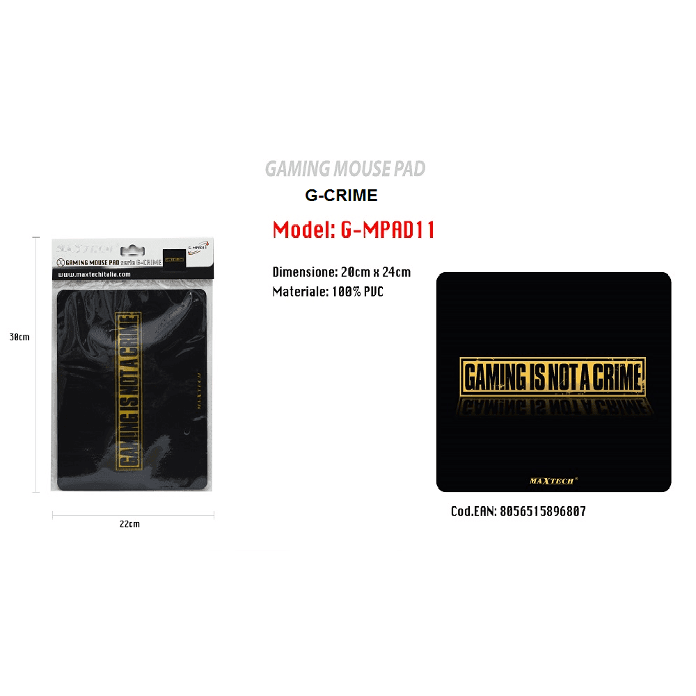 TAPPETINO MOUSE PAD ANTISCIVOLO GAMING G-CRIME CON SCRITTA SCRIVANIA PC MAXTECH G-MPAD11 - 2