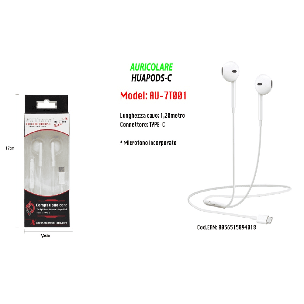 AURICOLARI HUAPODS-C CUFFIE PER SMARTPHONE TYPE-C CON MICROFONO MAXTECH AU-7T001 - 2