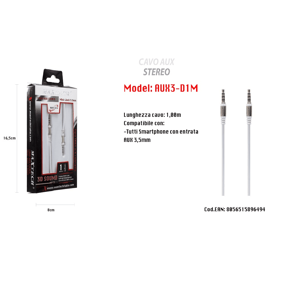 CAVO AUX STEREO 1MT MINI JACK 3,5MM PER SMARTPHONE TIPO TRRS A 4 CONTATTI MAXTECH AUX3-D1M - 3