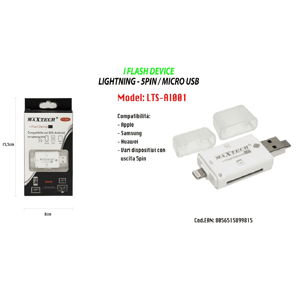 ADATTATORE PENNETTA CONVERTITORE SCHEDE SD/TF PER FILE ANDROID IOS MAXTECH LTS-AI001 - 2