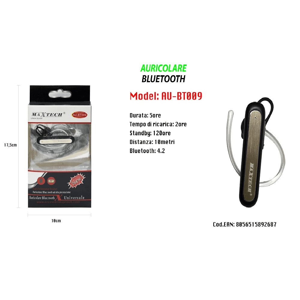 MAXTECH AU-BT009 AURICOLARE BLUETOOTH 4.2 UNIVERSALE CUFFIA PER SMARTPHONE ALTA PRESTAZIONE - 4