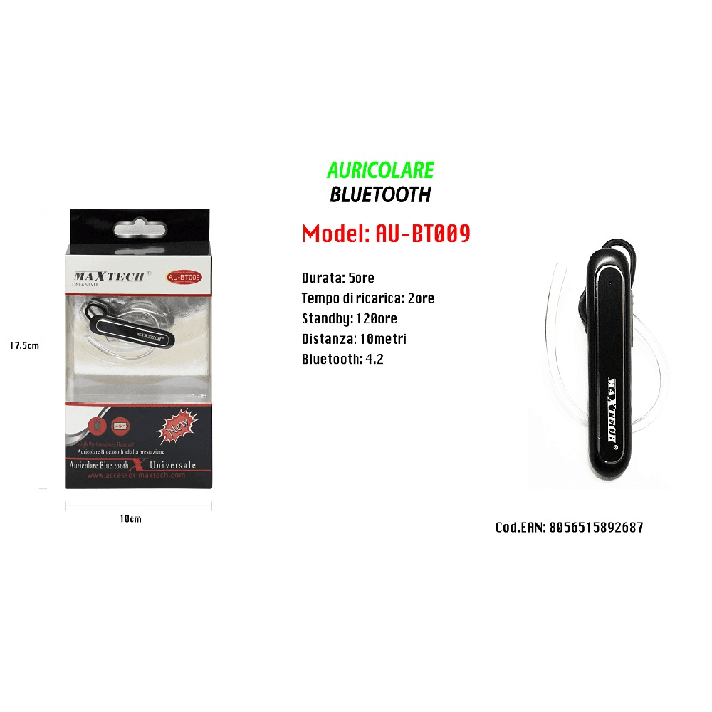 MAXTECH AU-BT009 AURICOLARE BLUETOOTH 4.2 UNIVERSALE CUFFIA PER SMARTPHONE ALTA PRESTAZIONE - 2