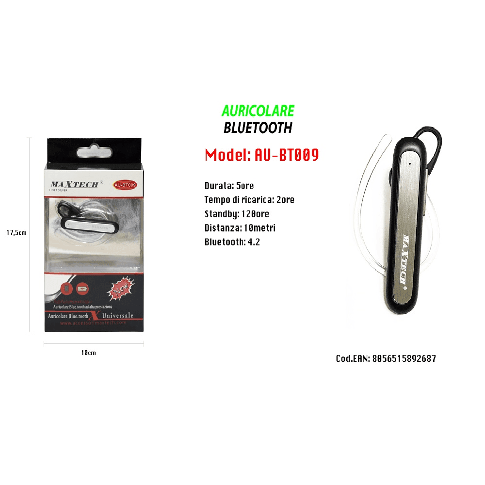 MAXTECH AU-BT009 AURICOLARE BLUETOOTH 4.2 UNIVERSALE CUFFIA PER SMARTPHONE ALTA PRESTAZIONE - 3