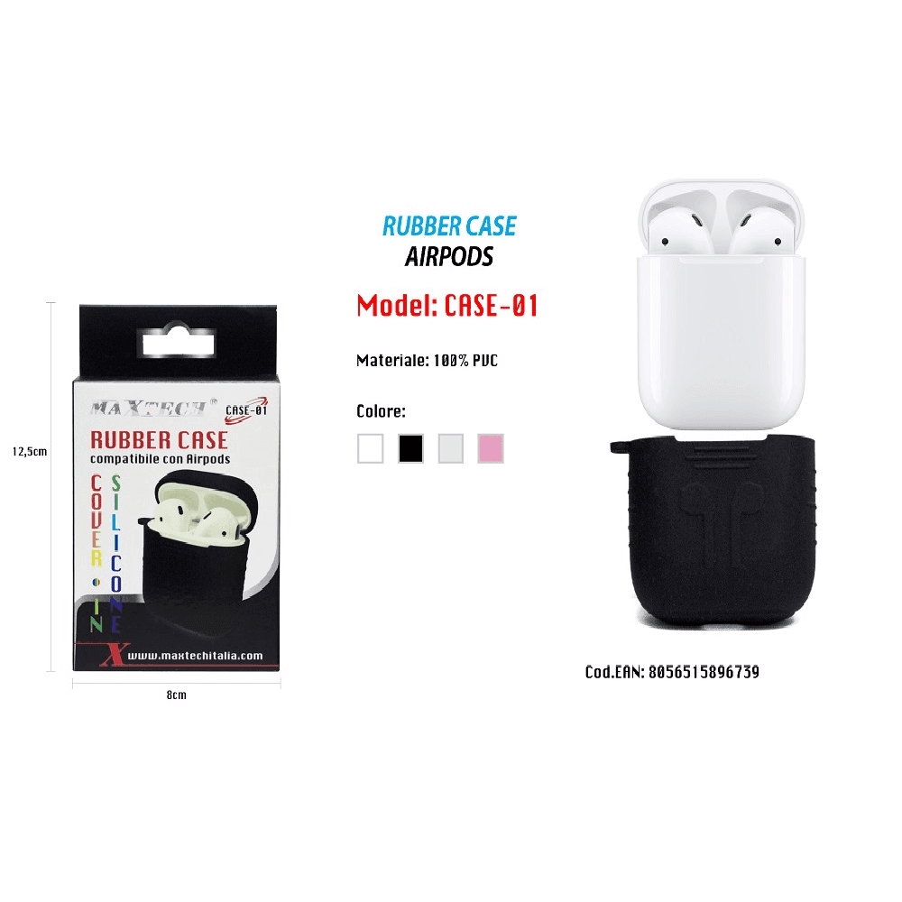CUSTODIA IN SILICONE PER CUFFIE AURICOLARI AIRPODS COVER IN GOMMA PVC MAXTECH CASE-01 - 2