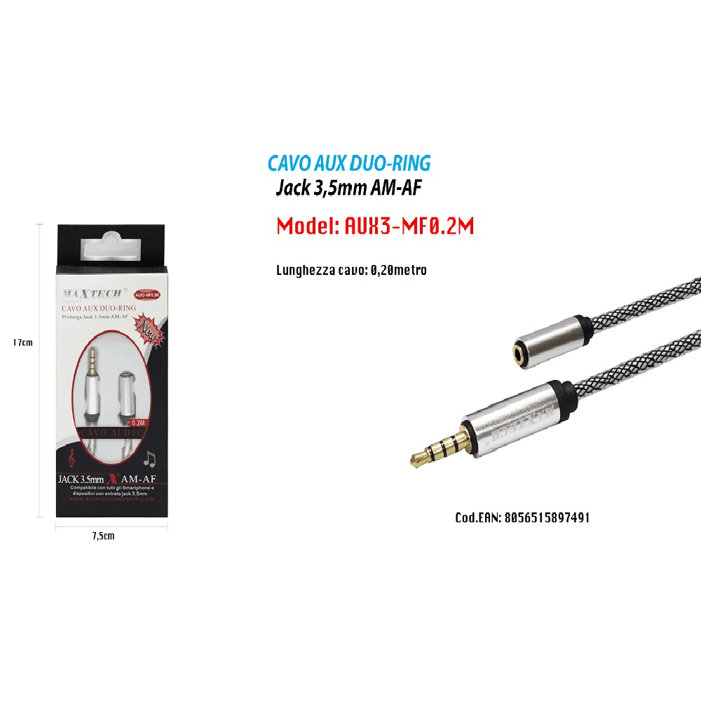 CAVO AUDIO JACK 3,5 MM AM/AF 0.20MT PROLUNGA AUX PER SMARTPHONE MAXTECH AUX3-MF0.2M - 2