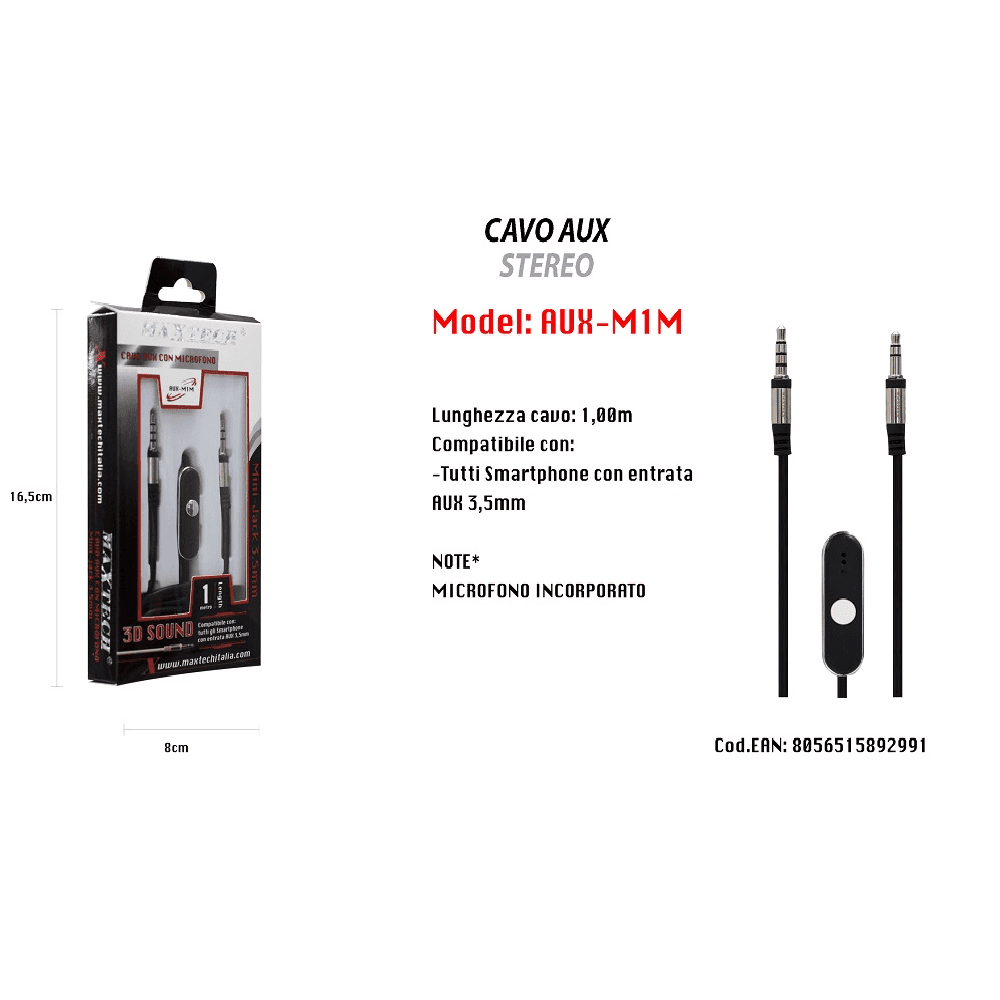 CAVO AUDIO 3,5MM AUX STEREO CON MICROFONO INCORPORATO PER SMARTPHONE 1MT MAXTECH AUX-M1M - 2