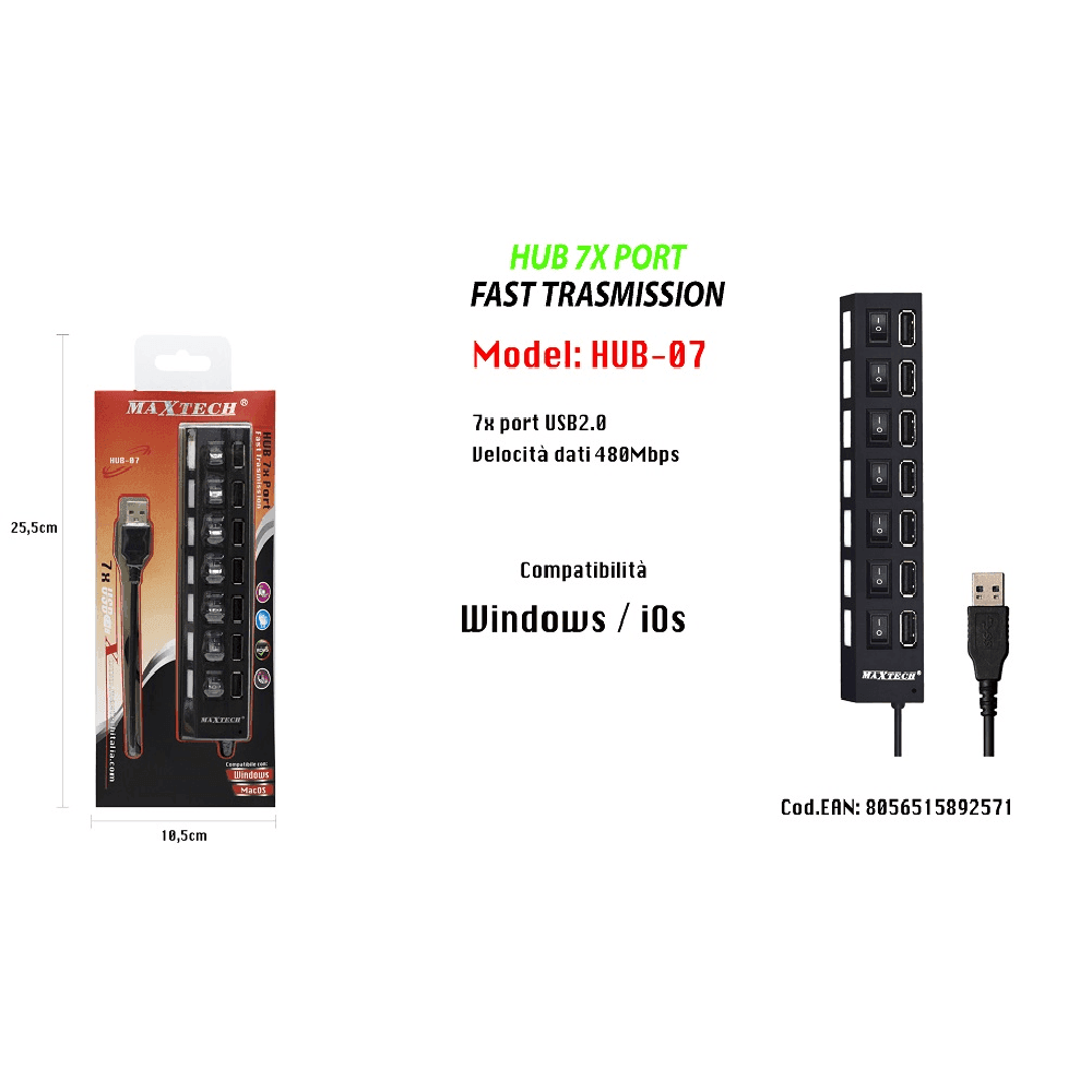 MAXTECH HUB-07 USB 2.0 A 7 PORTE AD ALTA VELOCITÀ ON/OFF INTERRUTTORE PER WINDOS MACOS - 2