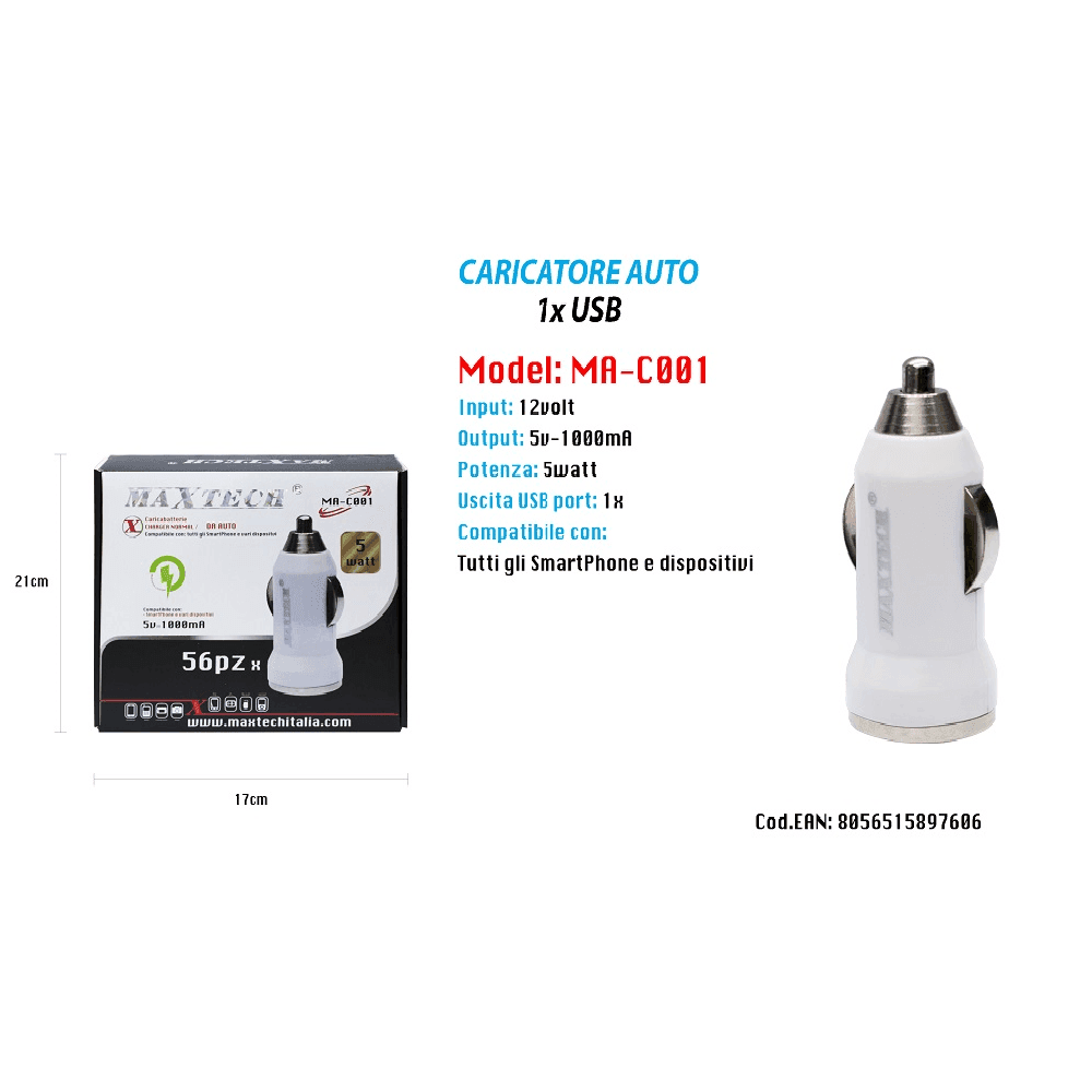 SET 56 PZ CARICATORE USB AUTO PRESA UNIVERSALE ACCENDISIGARI 5V-1000MA MA-C001 - 2