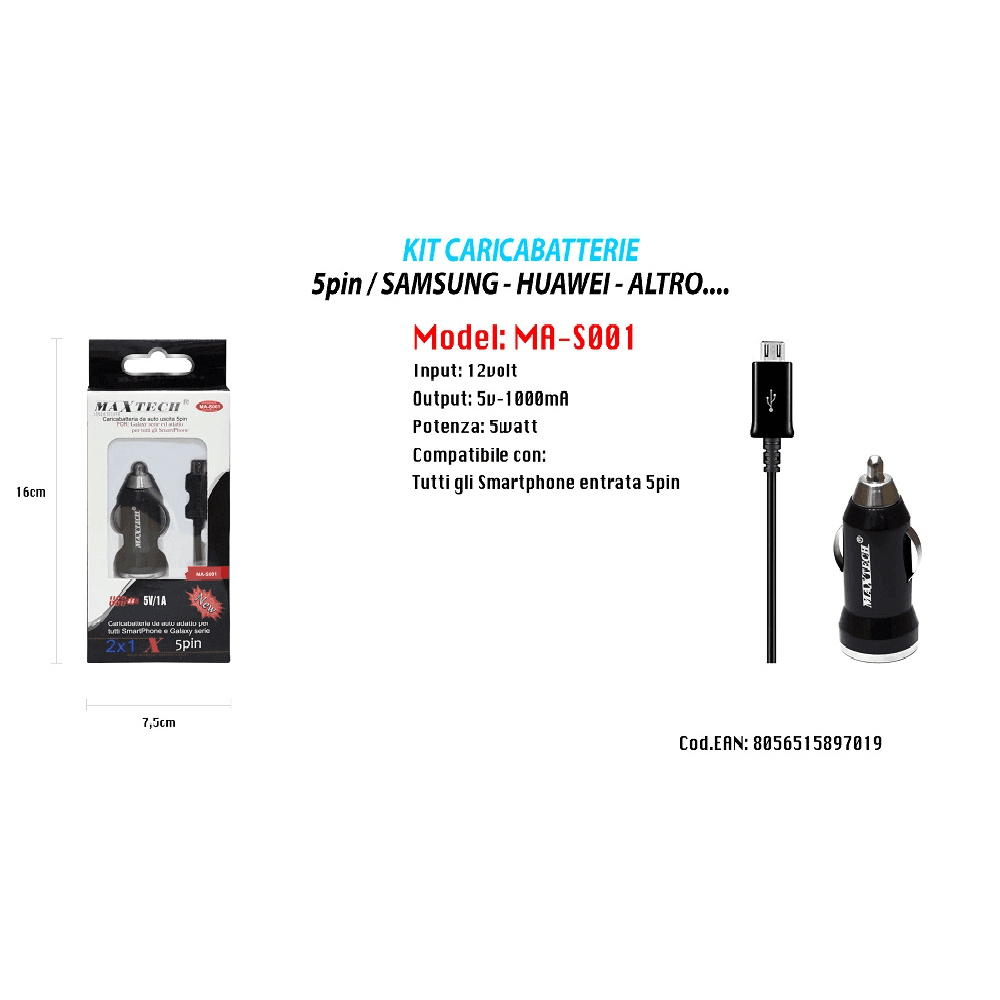 KIT CARICABATTERIE CARICATORE DA AUTO PER RICARICA SAMSUNG HUAWEI HTC MAXTECH MA-S001 - 2